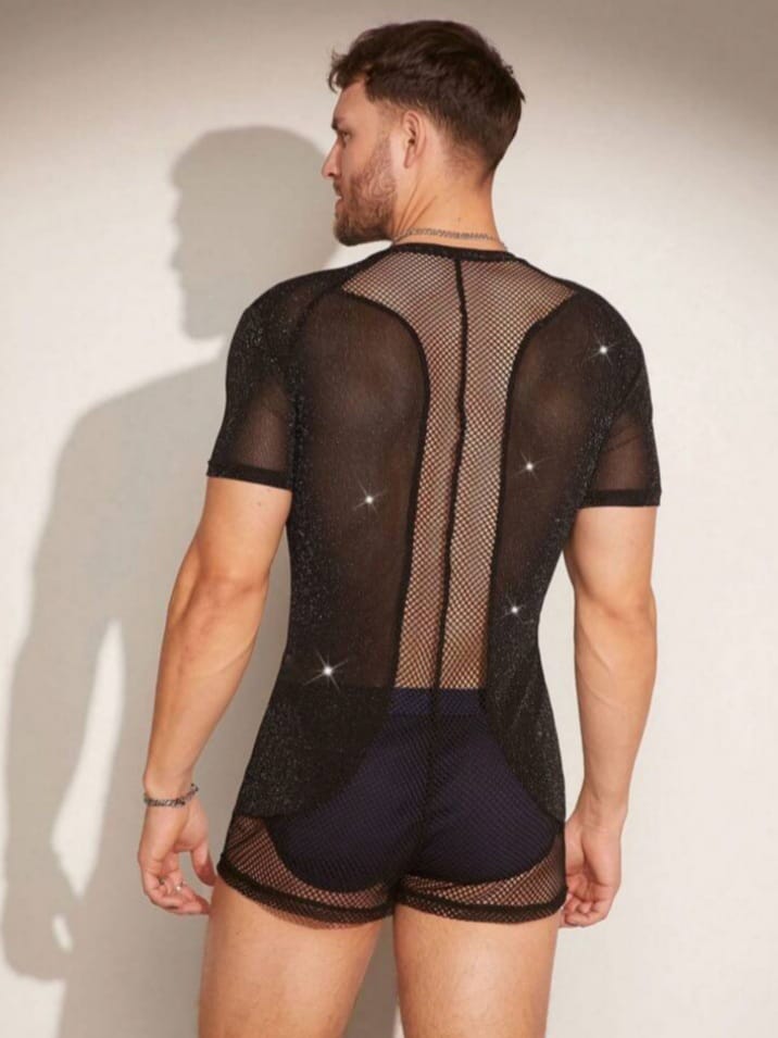 Crystal City Men's Rhinestone Mesh Sheer V-Neck Zipper Collar Lounge Romper